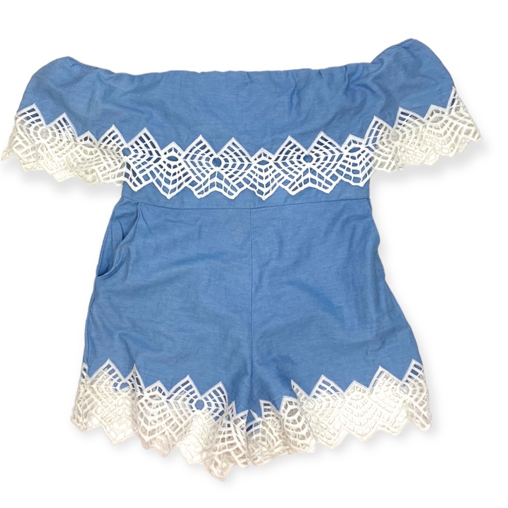 BARDOT Womens Off The Shoulder Lace Embroidered Jumpsuit Romper Blue Size Large